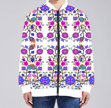 Floral Beadwork Seven Clans White Zippered Collared Lightweight Jacket